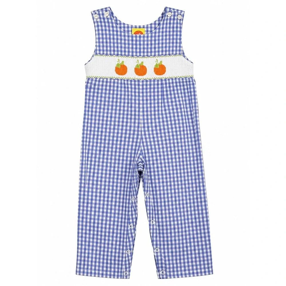 Toddler Boys Longall Overalls Size 2 Blue Gingham Smocked Pumpkin Fall Preppy